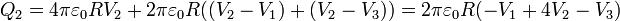 Q_2=4\pi\varepsilon_0 RV_2+2\pi\varepsilon_0
R((V_2-V_1)+(V_2-V_3))=2\pi\varepsilon_0 R(-V_1+4V_2-V_3)