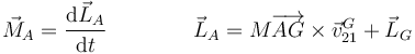 \vec{M}_A = \frac{\mathrm{d}\vec{L}_A}{\mathrm{d}t}\qquad\qquad \vec{L}_A=M\overrightarrow{AG}\times\vec{v}_{21}^G+\vec{L}_G