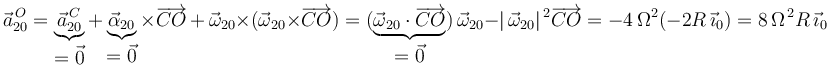 
\vec{a}^{\, O}_{20}=\underbrace{\vec{a}^{\, C}_{20}}_{\displaystyle =\vec{0}}+\underbrace{\vec{\alpha}_{20}}_{\displaystyle =\vec{0}}\times\overrightarrow{CO}\,+\,\vec{\omega}_{20}\times(\vec{\omega}_{20}\times\overrightarrow{CO})=(\underbrace{\vec{\omega}_{20}\cdot\overrightarrow{CO}}_{\displaystyle =\vec{0}})\,\vec{\omega}_{20}-|\,\vec{\omega}_{20}|^{\, 2}\overrightarrow{CO}=-4\,\Omega^2(-2R\,\vec{\imath}_0)=8\,\Omega^{\, 2}R\,\vec{\imath}_0
