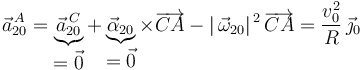 
\vec{a}^{\, A}_{20}=\underbrace{\vec{a}^{\, C}_{20}}_{\displaystyle =\vec{0}}+\underbrace{\vec{\alpha}_{20}}_{\displaystyle =\vec{0}}\times\overrightarrow{CA}-|\,\vec{\omega}_{20}|^{\, 2}\,\overrightarrow{CA}=\frac{v_0^2}{R}\,\vec{\jmath}_0
