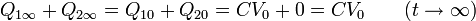 Q_{1\infty}+Q_{2\infty}=Q_{10}+Q_{20}=CV_0+0=CV_0\qquad (t\to\infty)