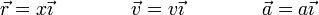 \vec{r}=x\vec{\imath}\qquad\qquad \vec{v}=v\vec{\imath}\qquad\qquad \vec{a}=a\vec{\imath}