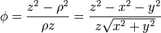 \phi =  \frac{z^2-\rho^2}{\rho z} =  \frac{z^2-x^2-y^2}{z\sqrt{x^2+y^2}}