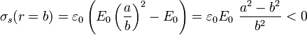 \sigma_s(r=b)=
\varepsilon_0\left(E_0\left(\frac{a}{b}\right)^2-E_0\right)
=\varepsilon_0 E_0\ \frac{a^2-b^2}{b^2}<0