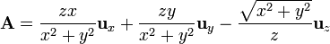 \mathbf{A} = \frac{zx}{x^2+y^2}\mathbf{u}_{x}+\frac{zy}{x^2+y^2}\mathbf{u}_{y} - \frac{\sqrt{x^2+y^2}}{z}\mathbf{u}_{z}