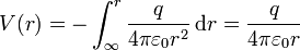 V(r) = -\int_\infty^r \frac{q}{4\pi\varepsilon_0 r^2}\,\mathrm{d}r = \frac{q}{4\pi\varepsilon_0 r}