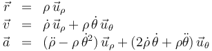 
\begin{array}{rcl}
\vec{r} & = & \rho\,\vec{u}_{\rho}\\
\vec{v} & = & \dot{\rho}\,\vec{u}_{\rho} + \rho\,\dot{\theta}\,\vec{u}_{\theta}\\
\vec{a} & = &(\ddot{\rho}-\rho\,\dot{\theta}^2)\,\vec{u}_{\rho} + (2\dot{\rho}\,\dot{\theta}+\rho\ddot{\theta})\,\vec{u}_{\theta}
\end{array}
