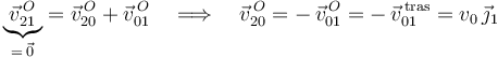 
\underbrace{\vec{v}^{\, O}_{21}}_{=\,\vec{0}}=\vec{v}^{\, O}_{20}+\vec{v}^{\, O}_{01}
\,\,\,\,\,\,\Longrightarrow\,\,\,\,\,\,
\vec{v}^{\, O}_{20}=-\,\vec{v}^{\, O}_{01}=-\,\vec{v}^{\,\mathrm{tras}}_{01}=v_0\,\vec{\jmath}_1
