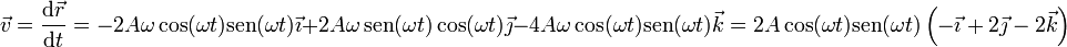 \vec{v}=\frac{\mathrm{d}\vec{r}}{\mathrm{d}t}=-2A\omega\cos(\omega t)\mathrm{sen}(\omega t)\vec{\imath}+2A\omega\,\mathrm{sen}(\omega t)\cos(\omega t)\vec{\jmath}-4A\omega\cos(\omega t)\mathrm{sen}(\omega t)\vec{k}=2A\cos(\omega t)\mathrm{sen}(\omega t)\left(-\vec{\imath}+2\vec{\jmath}-2\vec{k}\right)