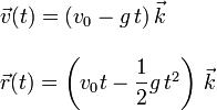 
  \left.
  \begin{array}{l}
    \vec{v}(t) = (v_0 - g\,t) \, \vec{k} \\ \\
    \vec{r}(t) = \left(v_0t-\dfrac{1}{2}g\,t^2\right)\,\vec{k}
  \end{array}
  \right.
