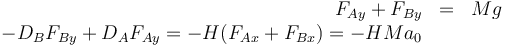 \begin{array}{rcl} F_{Ay}+F_{By} & = & Mg \\
-D_BF_{By}+D_AF_{Ay}= -H(F_{Ax}+F_{Bx}) = -HMa_0
\end{array}