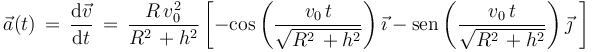 
\vec{a}(t)\,=\,\frac{\mathrm{d}\vec{v}}{\mathrm{d}t}\,=\,\frac{R\, v_0^2}{R^2\,+h^2}\left[-\mathrm{cos}\left(\frac{v_0\,t}{\sqrt{R^2\,+h^2}}\right)\vec{\imath}-\mathrm{sen}\left(\frac{v_0\,t}{\sqrt{R^2\,+h^2}}\right)\vec{\jmath}\,\,\right]
