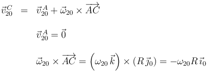  
\begin{array}{lcl}
\vec{v}^{\,C}_{20} &=& \vec{v}^{\,A}_{20} + \vec{\omega}_{20}\times\overrightarrow{AC}
\\
&&\\
&&  \vec{v}^{\,A}_{20} = \vec{0}
\\
&&\\
&& \vec{\omega}_{20}\times\overrightarrow{AC} = \left(\omega_{20}\,\vec{k}\right)\times\left(R\,\vec{\jmath}_0\right) =-\omega_{20}R\,\vec{\imath}_0
\end{array}
