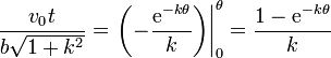 \frac{v_0 t}{b\sqrt{1+k^2}} = \left.\left(-\frac{\mathrm{e}^{-k\theta}}{k}\right)\right|_0^\theta = \frac{1-\mathrm{e}^{-k\theta}}{k}