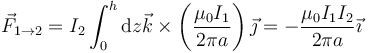 \vec{F}_{1\to 2}=I_2\int_0^h \mathrm{d}z\vec{k}\times\left(\frac{\mu_0I_1}{2\pi a}\right) \vec{\jmath}=-\frac{\mu_0I_1I_2}{2\pi a}\vec{\imath}