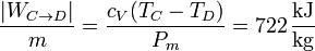 \frac{|W_{C\to D}|}{m} = \frac{c_V(T_C-T_D)}{P_m} = 722\,\frac{\mathrm{kJ}}{\mathrm{kg}}