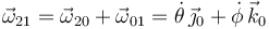 
\vec{\omega}_{21} = \vec{\omega}_{20} + \vec{\omega}_{01} =
\dot{\theta}\,\vec{\jmath}_{0}
+ 
\dot{\phi}\,\vec{k}_0
