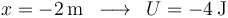 x = -2\,\mathrm{m}\,\,\,\longrightarrow\,\,\,U=-4\,\mathrm{J}\,