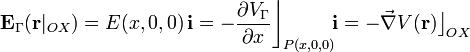 \mathbf{E}_\Gamma(\mathbf{r}|_{OX})=E(x,0,0)\!\ \mathbf{i}=-\frac{\partial V_\Gamma}{\partial x}\bigg\rfloor_{P(x,0,0)}\!\mathbf{i}=-\vec{\nabla}V(\mathbf{r})\big\rfloor_{OX}