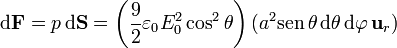 \mathrm{d}\mathbf{F} = p\,\mathrm{d}\mathbf{S} = \left(\frac{9}{2}\varepsilon_0
E_0^2\cos^2\theta\right)(a^2\mathrm{sen}\,\theta\,\mathrm{d}\theta\,\mathrm{d}\varphi\,\mathbf{u}_{r})