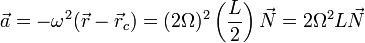 \vec{a} = -\omega^2(\vec{r}-\vec{r}_c)=(2\Omega)^2\left(\frac{L}{2}\right)\vec{N}=2\Omega^2L\vec{N}