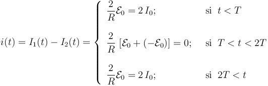 i(t)=I_1(t)-I_2(t)=\left\{\begin{array}{ll} 
\displaystyle \frac{2}{R}\mathcal{E}_0=2\!\ I_0\mathrm{;}\;\; &\mathrm{si}\;\; t<T\\ \\ \displaystyle  \frac{2}{R}\ [\mathcal{E}_0+(-\mathcal{E}_0)]=0\mathrm{;}\;\; &\mathrm{si}\;\; T<t<2T\\ \\ \displaystyle \frac{2}{R}\mathcal{E}_0=2\!\ I_0\mathrm{;}\;\; &\mathrm{si}\;\; 2T<t
\end{array}\right.