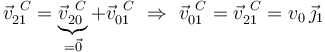 
\vec{v}^{\ C}_{21}=\underbrace{\vec{v}^{\ C}_{20}}_{=\vec{0}}+\vec{v}^{\ C}_{01}\,\,\Rightarrow\,\,
\vec{v}^{\ C}_{01}=\vec{v}^{\ C}_{21}=v_0\,\vec{\jmath}_1
