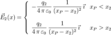 
\vec{E}_2(x) = 
\left\{
\begin{array}{ll}
-\dfrac{q_2}{4\,\pi\,\varepsilon_0}\,\dfrac{1}{(x_P-x_2)^2}\,\vec{\imath} & x_P<x_2 \\
& \\
\dfrac{q_2}{4\,\pi\,\varepsilon_0}\,\dfrac{1}{(x_P-x_2)^2}\,\vec{\imath} & x_P>x_2 \\
\end{array}
\right.

