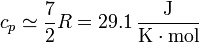 c_p \simeq \frac{7}{2}R = 29.1\,\frac{\mathrm{J}}{\mathrm{K}\cdot\mathrm{mol}}