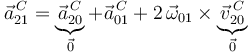 
\vec{a}^{\, C}_{21}=\underbrace{\vec{a}^{\, C}_{20}}_{\vec{0}}+\vec{a}^{\, C}_{01}+2\,\vec{\omega}_{01}\times\underbrace{\vec{v}^{\, C}_{20}}_{\vec{0}}
