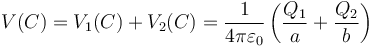 V(C)=V_1(C)+V_2(C) = \frac{1}{4\pi\varepsilon_0}\left(\frac{Q_1}{a}+\frac{Q_2}{b}\right)