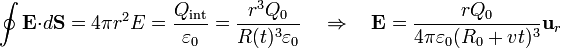 \oint \mathbf{E} {\cdot}d\mathbf{S} = 4\pi r^2 E = \frac{Q_\mathrm{int}}{\varepsilon_0} = \frac{r^3 Q_0}{R(t)^3\varepsilon_0}\quad\Rightarrow\quad \mathbf{E} = \frac{r Q_0}{4\pi\varepsilon_0(R_0+vt)^3}\mathbf{u}_{r}