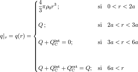 q|_\tau=q(r)=\begin{cases}\displaystyle \frac{4}{3}\pi\rho_0r^3\,\mathrm{;}\,&\mathrm{si}\quad 0<r<2a\\  \\ Q\,\mathrm{;}&\mathrm{si}\quad 2a<r<3a\\ \\ Q+Q_\mathrm{C}^\mathrm{int}=0\mathrm{;}&\mathrm{si}\quad 3a<r<6a\\
\\ \\ Q+Q_\mathrm{C}^\mathrm{int}+Q_\mathrm{C}^\mathrm{ext}=Q\mathrm{;}&\mathrm{si}\quad 6a<r\end{cases}