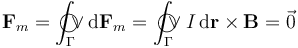 \mathbf{F}_m=\int_{\Gamma}\!\!\!\!\!\!\bigcirc\!\!\!\!\vee 
\mathrm{d}\mathbf{F}_m=\int_{\Gamma}\!\!\!\!\!\!\bigcirc\!\!\!\!\vee I\,\mathrm{d}\mathbf{r}\times\mathbf{B}=\vec{0}