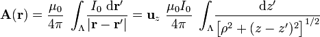 \mathbf{A}(\mathbf{r})=\frac{\mu_0}{4\pi}\ \int_\Lambda\!\frac{I_0\ \mathrm{d}\mathbf{r'}}{|\mathbf{r}-\mathbf{r'}|}=\mathbf{u}_z\ \frac{\mu_0 I_0}{4\pi}\ \int_\Lambda\!\frac{\mathrm{d}z'}{\big[\rho^2+(z-z')^2\big]^{1/2}}
