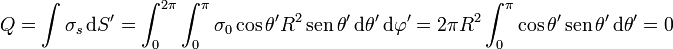 Q = \int \sigma_s\,\mathrm{d}S' = \int_0^{2\pi}\int_0^\pi \sigma_0 \cos\theta' R^2 \,\mathrm{sen}\,\theta'\,\mathrm{d}\theta'\,\mathrm{d}\varphi' = 2\pi R^2 \int_0^\pi \cos\theta'\,\mathrm{sen}\,\theta'\,\mathrm{d}\theta' = 0