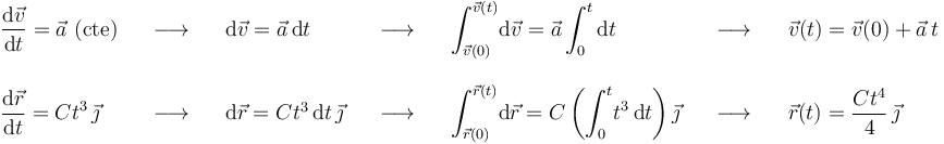 
\begin{array}{lllllll}\displaystyle\frac{\mathrm{d}\vec{v}}{\mathrm{d}t}=\vec{a}\,\,\mathrm{(cte)} & \,\,\,\,\,\longrightarrow\,\,\,\,\, & \mathrm{d}\vec{v}=\vec{a}\,\mathrm{d}t & \,\,\,\,\,\longrightarrow\,\,\,\,\, & \displaystyle\int_{\vec{v}(0)}^{\vec{v}(t)}\!\mathrm{d}\vec{v}=\vec{a}\displaystyle\int_{0}^{t}\mathrm{d}t & \,\,\,\,\,\longrightarrow\,\,\,\,\, & \vec{v}(t)=\vec{v}(0)+\vec{a}\,t \\ \\
\displaystyle\frac{\mathrm{d}\vec{r}}{\mathrm{d}t}=Ct^3\,\vec{\jmath} & \,\,\,\,\,\longrightarrow\,\,\,\,\, & \mathrm{d}\vec{r}=Ct^3\,\mathrm{d}t\,\vec{\jmath} & \,\,\,\,\,\longrightarrow\,\,\,\,\, & \displaystyle\int_{\vec{r}(0)}^{\vec{r}(t)}\!\mathrm{d}\vec{r}=C\left(\displaystyle\int_{0}^{t}\!t^3\,\mathrm{d}t\right)\vec{\jmath} & \,\,\,\,\,\longrightarrow\,\,\,\,\, & \vec{r}(t)=\displaystyle\frac{Ct^4}{4}\,\vec{\jmath}\end{array}
