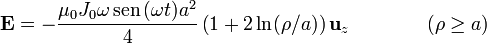 \mathbf{E}= -\frac{\mu_0J_0\omega\,\mathrm{sen}\,(\omega t)a^2}{4}\left(1+2\ln(\rho/a)\right)\mathbf{u}_z\qquad\qquad(\rho\geq a)