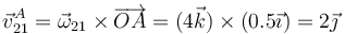 \vec{v}^A_{21}=\vec{\omega}_{21}\times\overrightarrow{OA}=(4\vec{k})\times(0.5\vec{\imath})=2\vec{\jmath}