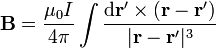 \mathbf{B}=\frac{\mu_0 I}{4\pi}\int \frac{\mathrm{d}\mathbf{r}'\times(\mathbf{r}-\mathbf{r}')}{|\mathbf{r}-\mathbf{r}'|^3}
