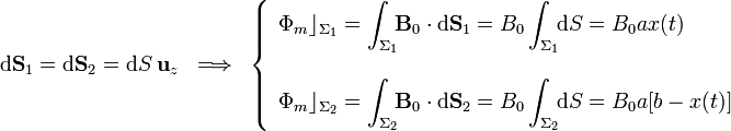 \mathrm{d} \mathbf{S}_1=\mathrm{d} \mathbf{S}_2=\mathrm{d}S\  \mathbf{u}_z\;\;\Longrightarrow\;\;\left\{\begin{array}{l}\displaystyle
\Phi_m\rfloor_{\Sigma_1}=\int_{\Sigma_1}\!\!\mathbf{B}_0\cdot\mathrm{d}
\mathbf{S}_1=B_0\int_{\Sigma_1}\!\!\mathrm{d}S
=B_0 a x(t) \\ \\ \displaystyle\Phi_m\rfloor_{\Sigma_2}=\int_{\Sigma_2}\!\!\mathbf{B}_0\cdot\mathrm{d}
\mathbf{S}_2=B_0\int_{\Sigma_2}\!\!\mathrm{d}S=B_0 a [b-x(t)]
\end{array}\right.
