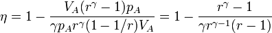 \eta = 1 - \frac{V_A(r^\gamma-1)p_A}{\gamma p_A r^\gamma(1-1/r)V_A}=1-\frac{r^\gamma-1}{\gamma r^{\gamma-1}(r-1)}