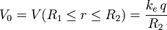 V_0=V(R_1\leq r\leq R_2)=\frac{k_e\!\ q}{R_2}