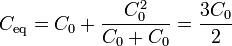 C_\mathrm{eq}=C_0+\frac{C_0^2}{C_0+C_0} = \frac{3C_0}{2}