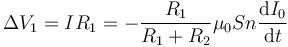 \Delta V_1=IR_1=-\frac{R_1}{R_1+R_2}\mu_0Sn\frac{\mathrm{d}I_0}{\mathrm{d}t}