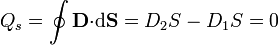 Q_s=\oint\mathbf{D}{\cdot}\mathrm{d}\mathbf{S}=D_2 S-D_1S=0