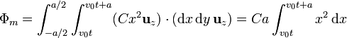 \Phi_m = \int_{-a/2}^{a/2}\int_{v_0t}^{v_0t+a}(Cx^2\mathbf{u}_z)\cdot(\mathrm{d}x\,\mathrm{d}y\,\mathbf{u}_z)=Ca \int_{v_0t}^{v_0t+a}x^2\,\mathrm{d}x