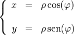 \left\{\begin{array}{rcl} x & = & \rho\cos(\varphi) \\ && \\ y & = & \rho\,\mathrm{sen}(\varphi) \end{array}\right.