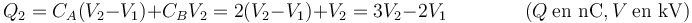 Q_2=C_A(V_2-V_1) + C_B V_2 = 2(V_2-V_1)+V_2=3V_2-2V_1\qquad\qquad (Q\ \mbox{en nC}, V\ \mbox{en kV})