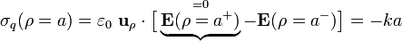 \sigma_q(\rho=a)=\varepsilon_0\ \mathbf{u}_\rho\cdot\big[\underbrace{\mathbf{E}(\rho=a^+)}^{=0}-\mathbf{E}(\rho=a^-)\big]=-ka
